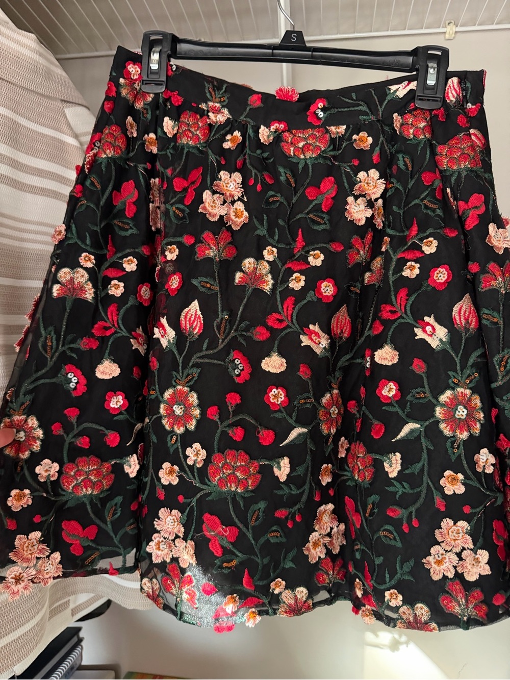 CeCe Black Floral Embroidered Circle Skirt with Red & Cream Blooms